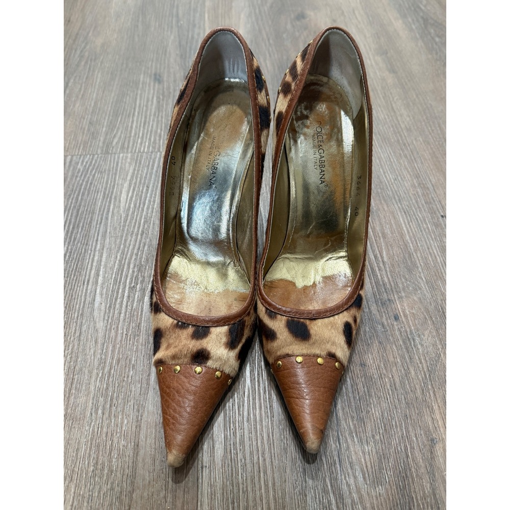Dolce & Gabbana Leopard Pony Hair Studded Pointed Toe Pumps Brown Leather 40 - Picture 2 of 12